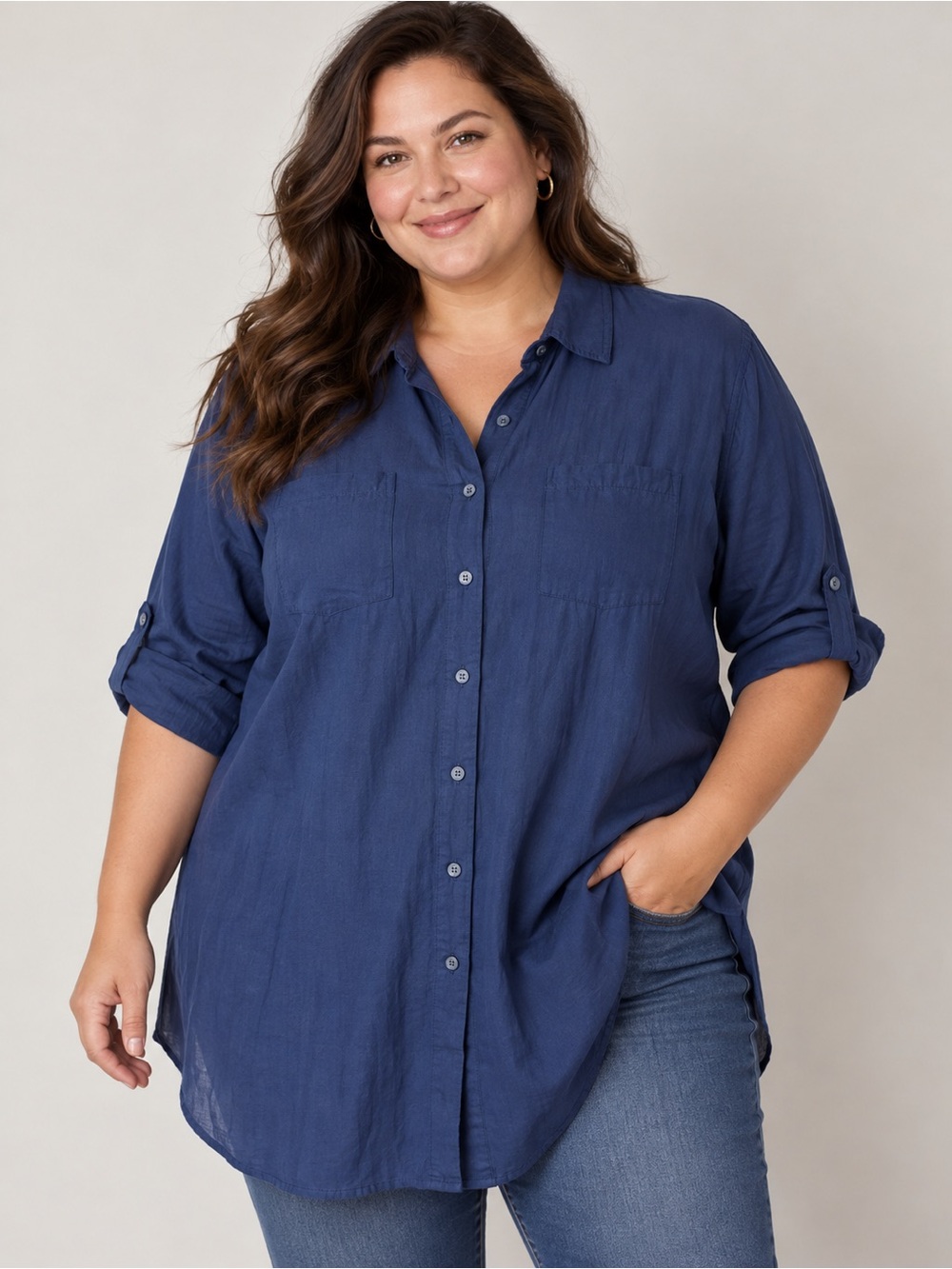 Lands’ End Women’s 1X Navy Blue Cotton Button Front Tunic Shirt Roll Tab